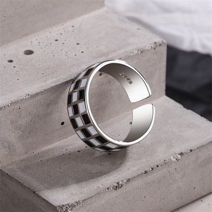 Black Enamel and Silver-Plated Checkerboard Open Band, silver statement rings for women, vintage-inspired design, side view
