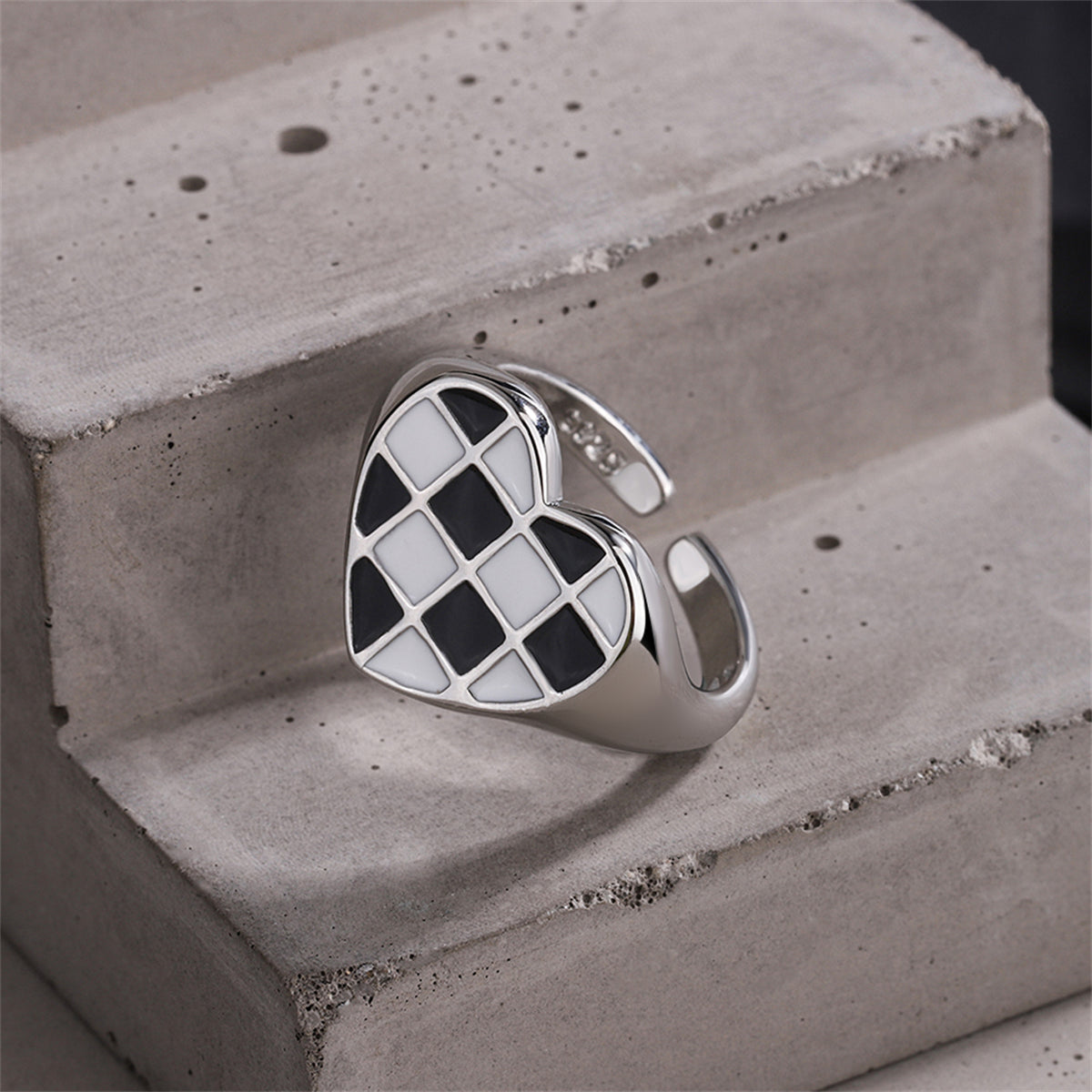 Black Enamel and Silver-Plated Checkerboard Heart Open Ring, silver statement rings for women, front view