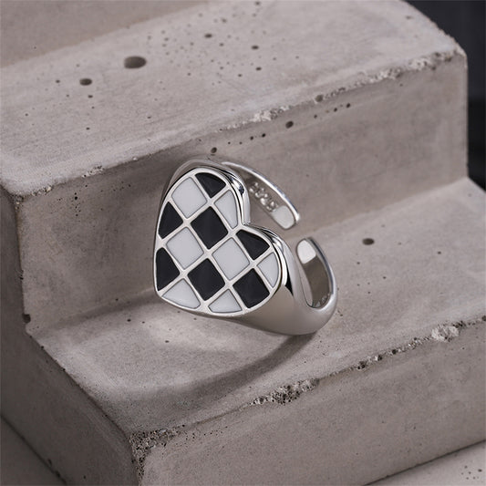 Black Enamel and Silver-Plated Checkerboard Heart Open Ring, silver statement rings for women, front view