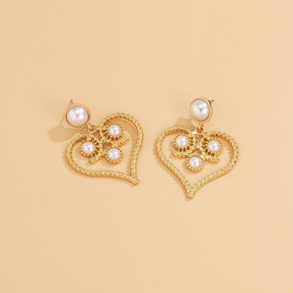 Pearl and 18K Gold-Plated Openwork Twist Heart Drop Earrings, gold drop earrings for women, everyday style, lifestyle look