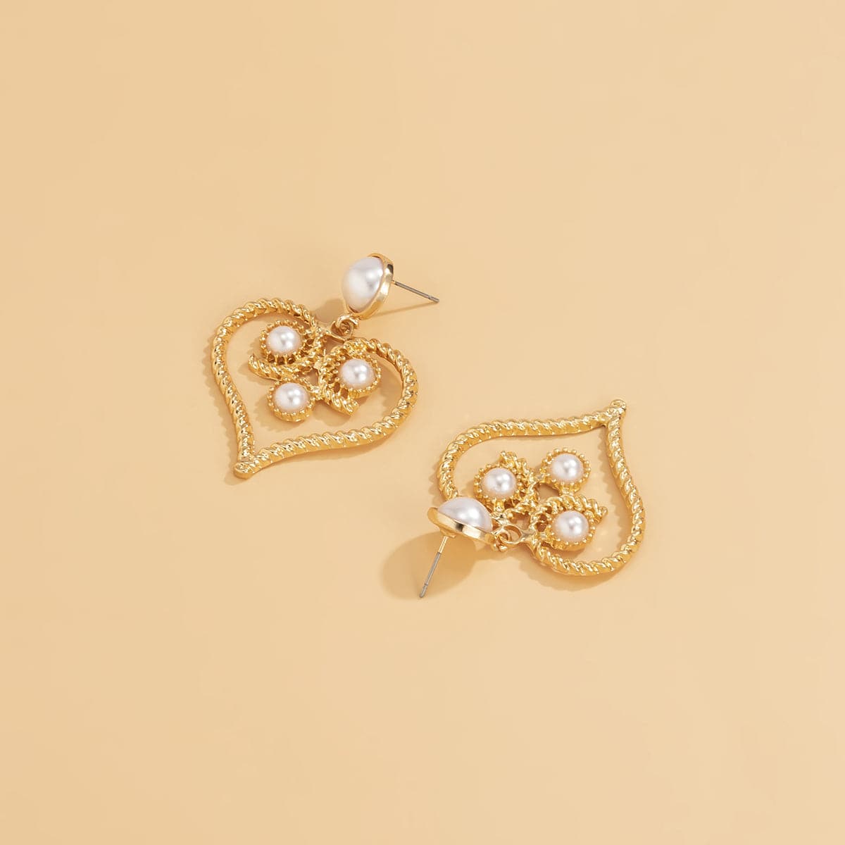 Pearl and 18K Gold-Plated Openwork Twist Heart Drop Earrings, gold drop earrings for women, everyday style, styled look