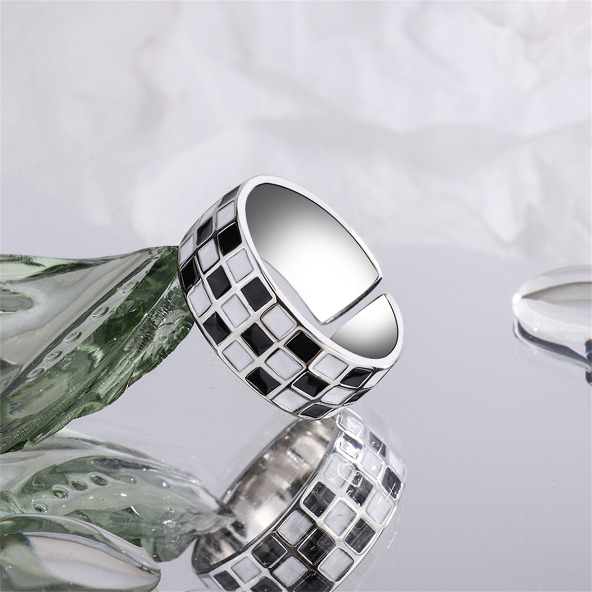 Black Enamel and Silver-Plated Checkerboard Open Band, silver statement rings for women, detail close-up
