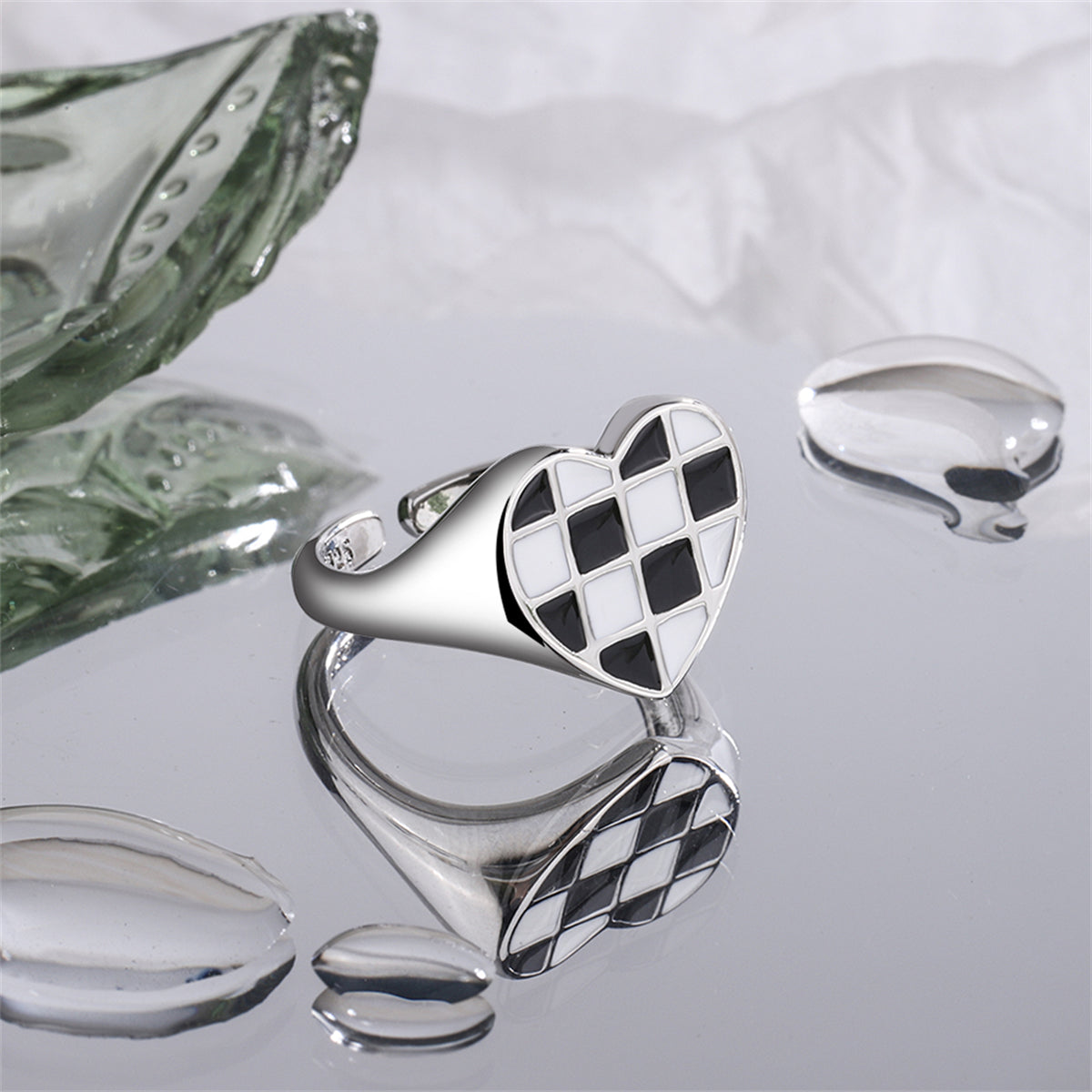 Black Enamel and Silver-Plated Checkerboard Heart Open Ring, silver statement rings for women, side view
