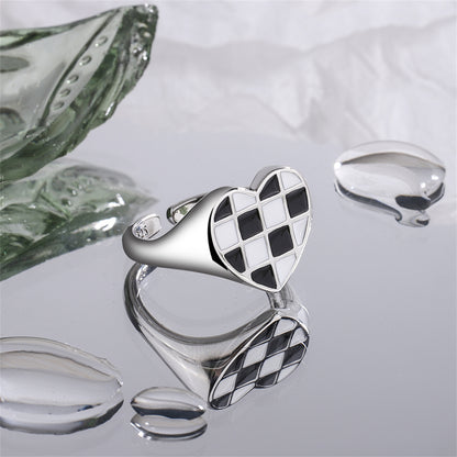 Black Enamel and Silver-Plated Checkerboard Heart Open Ring, silver statement rings for women, side view