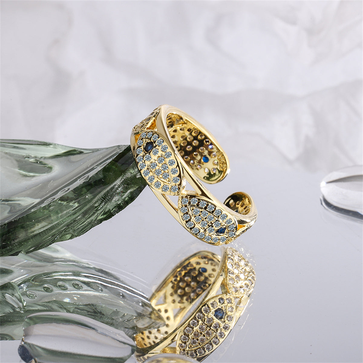Cubic Zirconia and 18K Gold-Plated Eye Open Band Ring, gold statement rings for women, elegant gift for her, detail close-up
