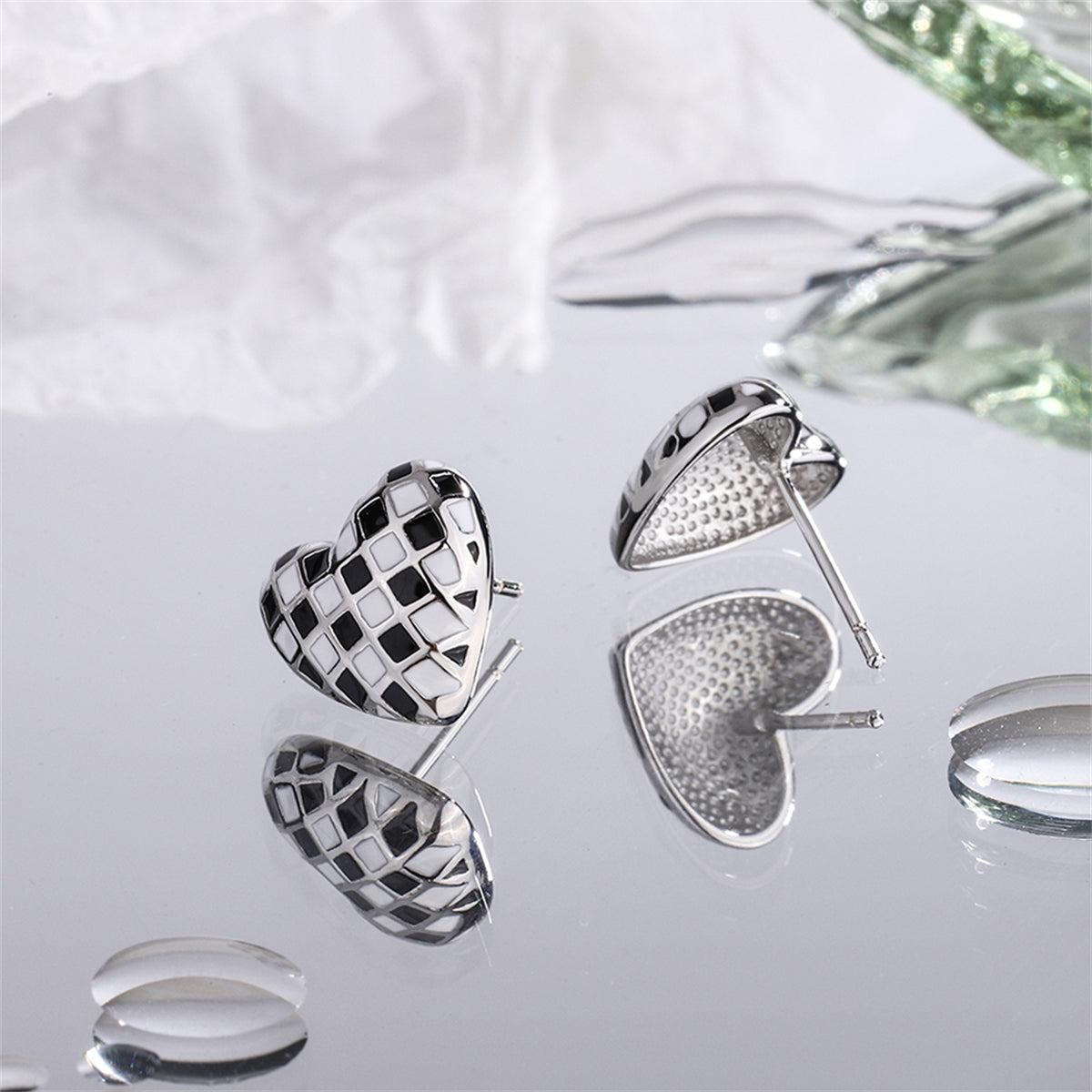 Black and White Checkerboard Heart Stud Earrings, stud earrings for women, dainty minimalist design, styled look