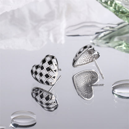 Black and White Checkerboard Heart Stud Earrings, stud earrings for women, dainty minimalist design, styled look