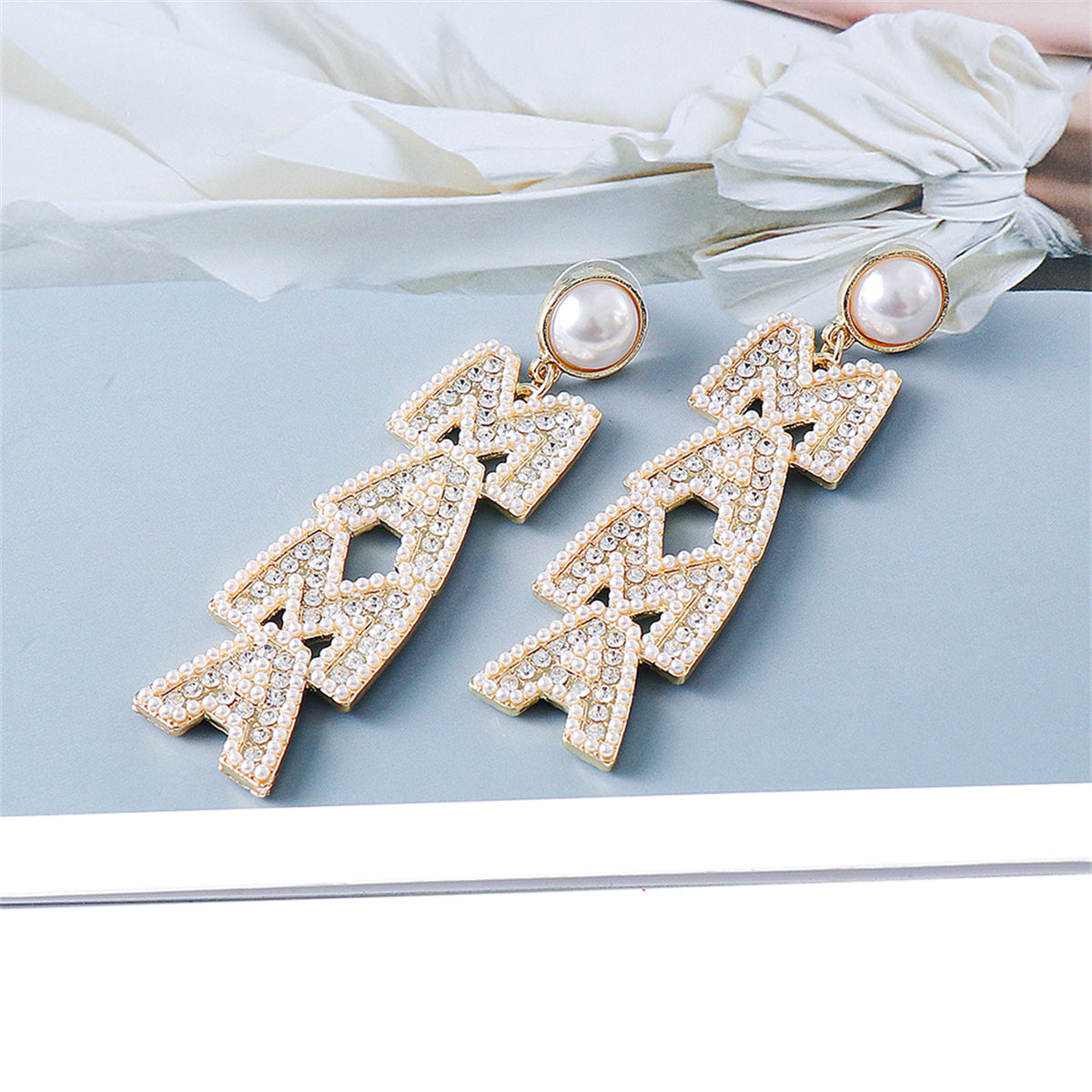 Cubic Zirconia and Pearl 18K Gold-Plated 'Mama' Drop Earrings, gold drop earrings for women, everyday style, side view