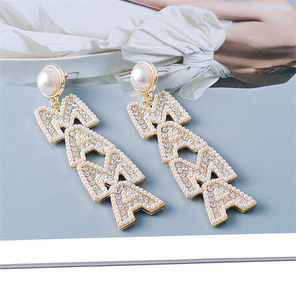 Cubic Zirconia and Pearl 18K Gold-Plated 'Mama' Drop Earrings, gold drop earrings for women, everyday style, detail close-up