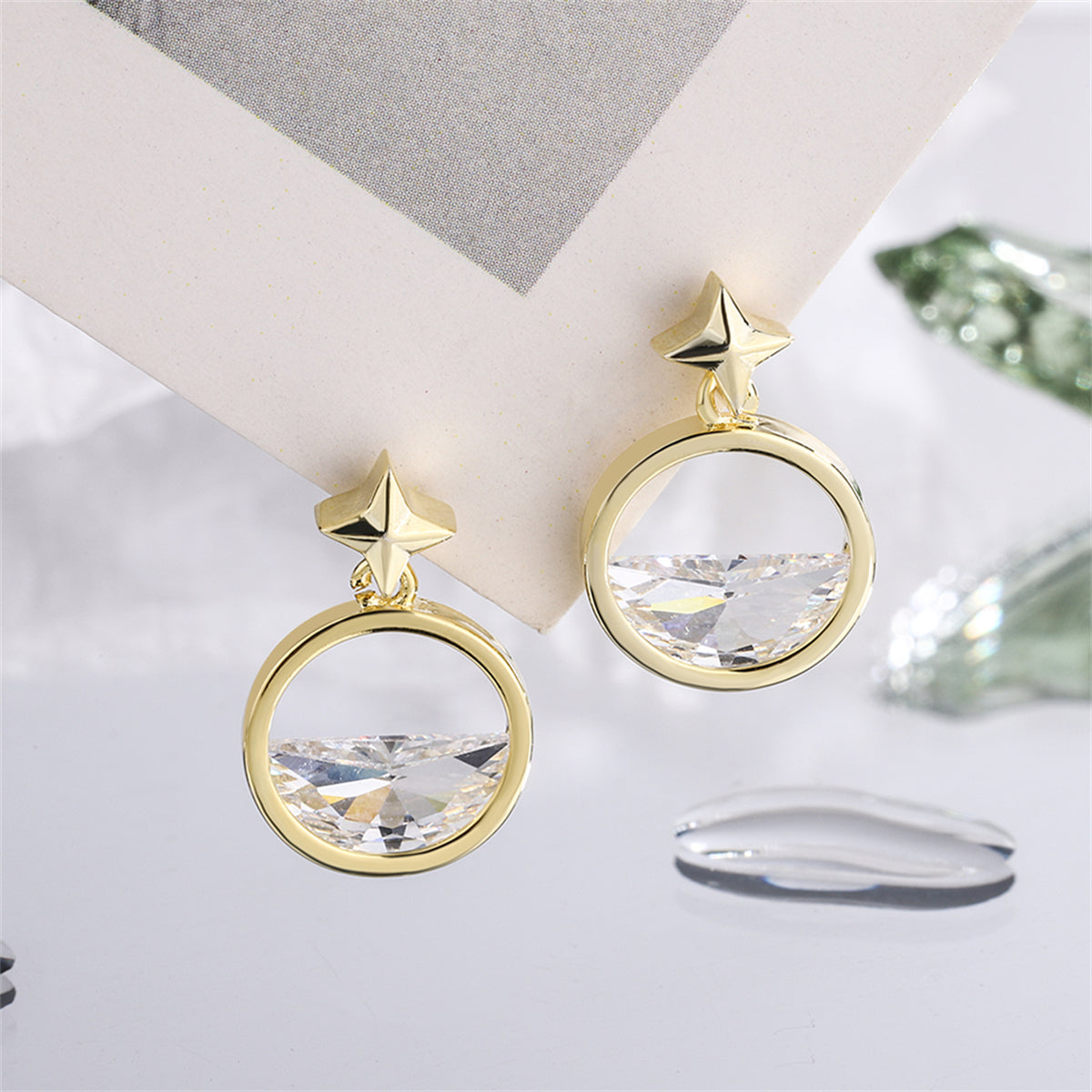 Crystal and 18K Gold-Plated Star Dangle Earring, gold stud earrings for women, everyday style, side view