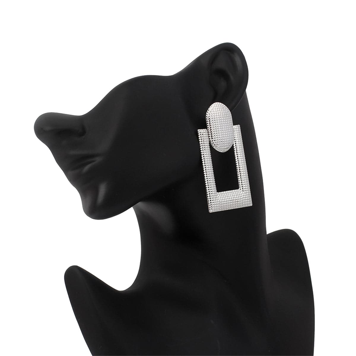 Silver-Plated Studded Open Rectangle Drop Earrings