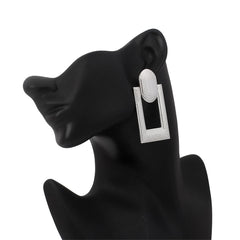 Silver-Plated Studded Open Rectangle Drop Earrings