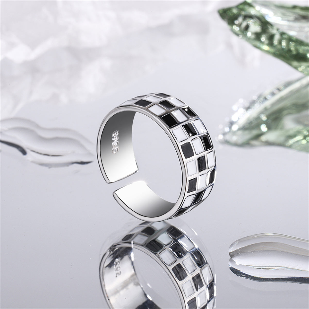 Black Enamel and Silver-Plated Checkerboard Open Band, silver statement rings for women, lifestyle look