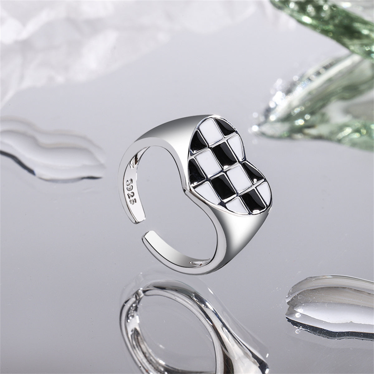 Black Enamel and Silver-Plated Checkerboard Heart Open Ring, silver statement rings for women, detail close-up