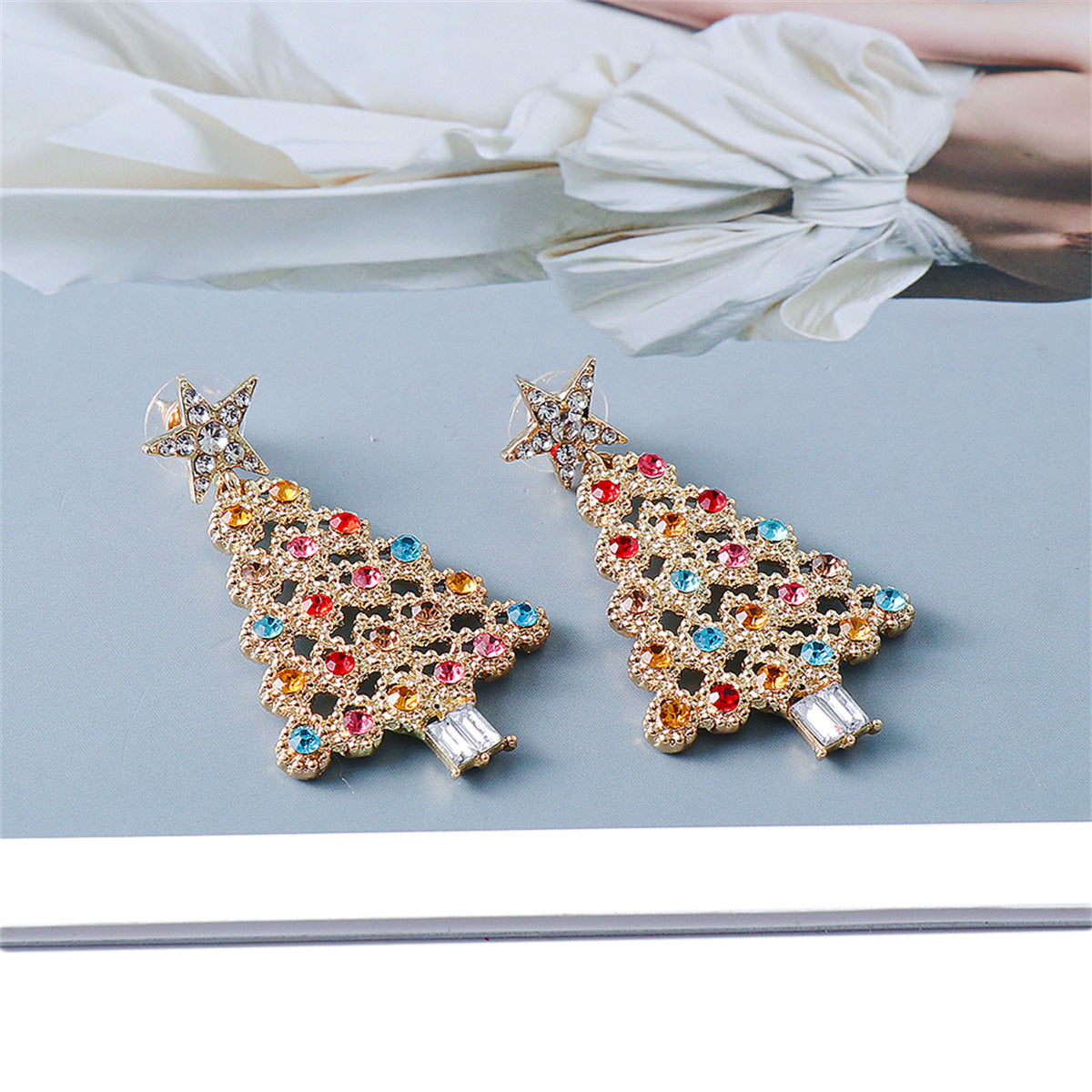 Jewel-Tone Cubic Zirconia & 18K Gold-Plated Festive Tree Drop Earrings