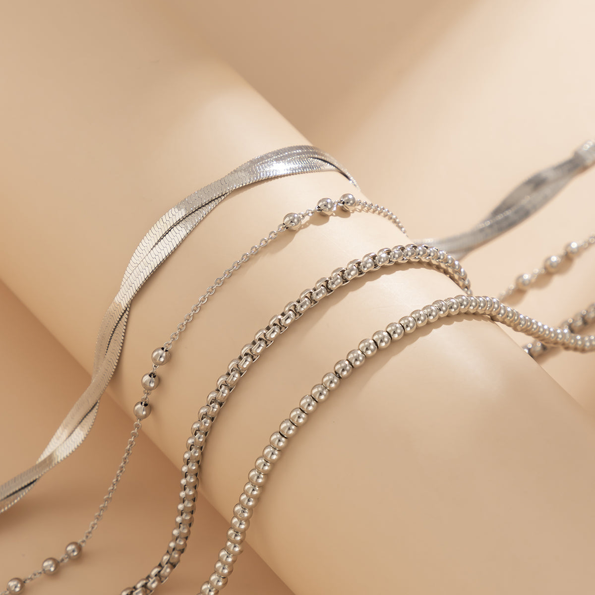 Silver-Plated Crossing Herringbone Chain Anklet Set