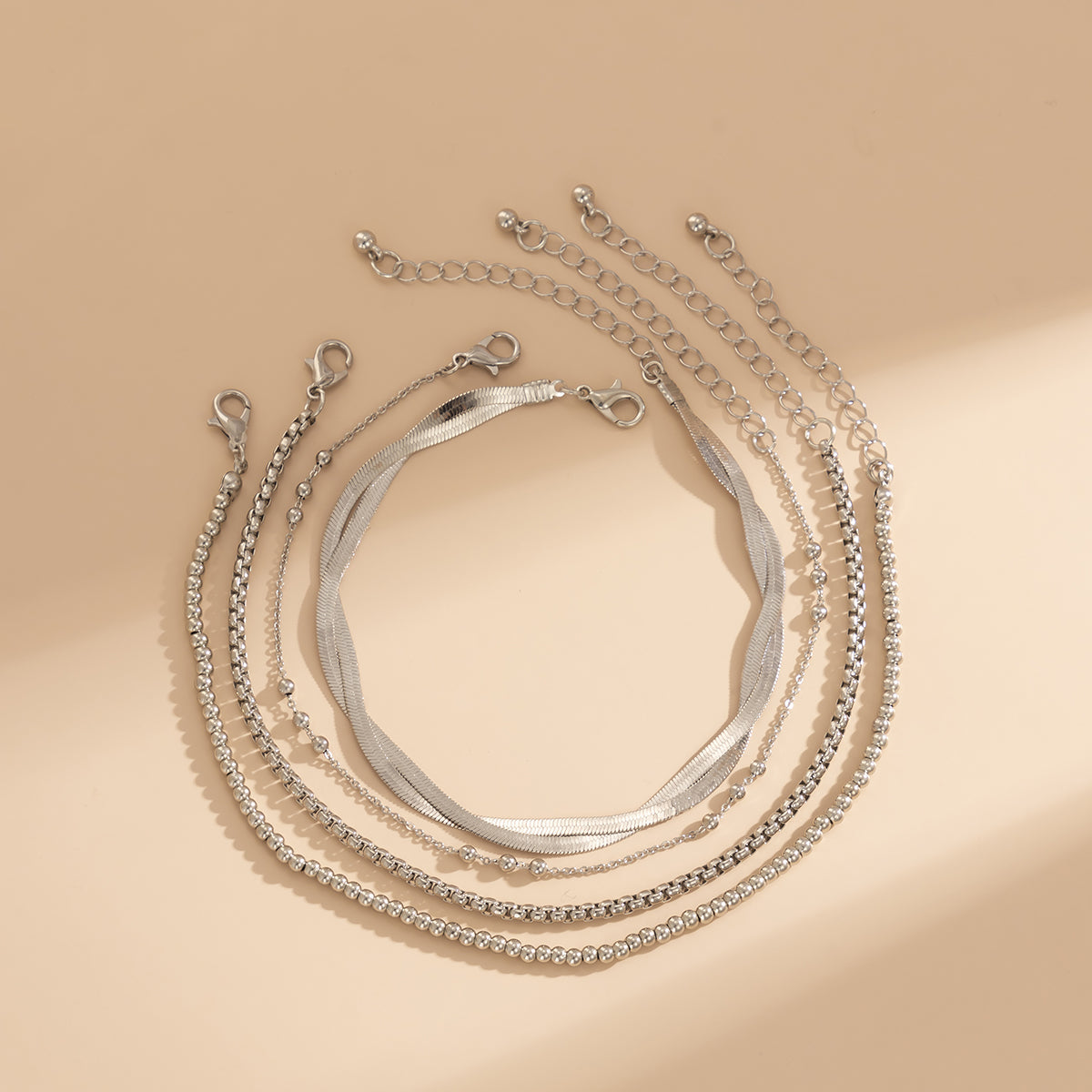 Silver-Plated Crossing Herringbone Chain Anklet Set