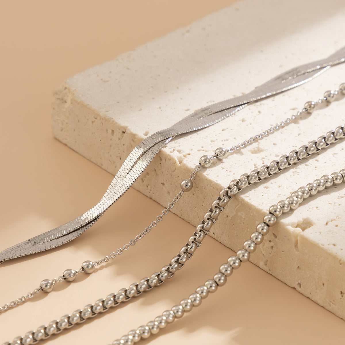 Silver-Plated Crossing Herringbone Chain Anklet Set