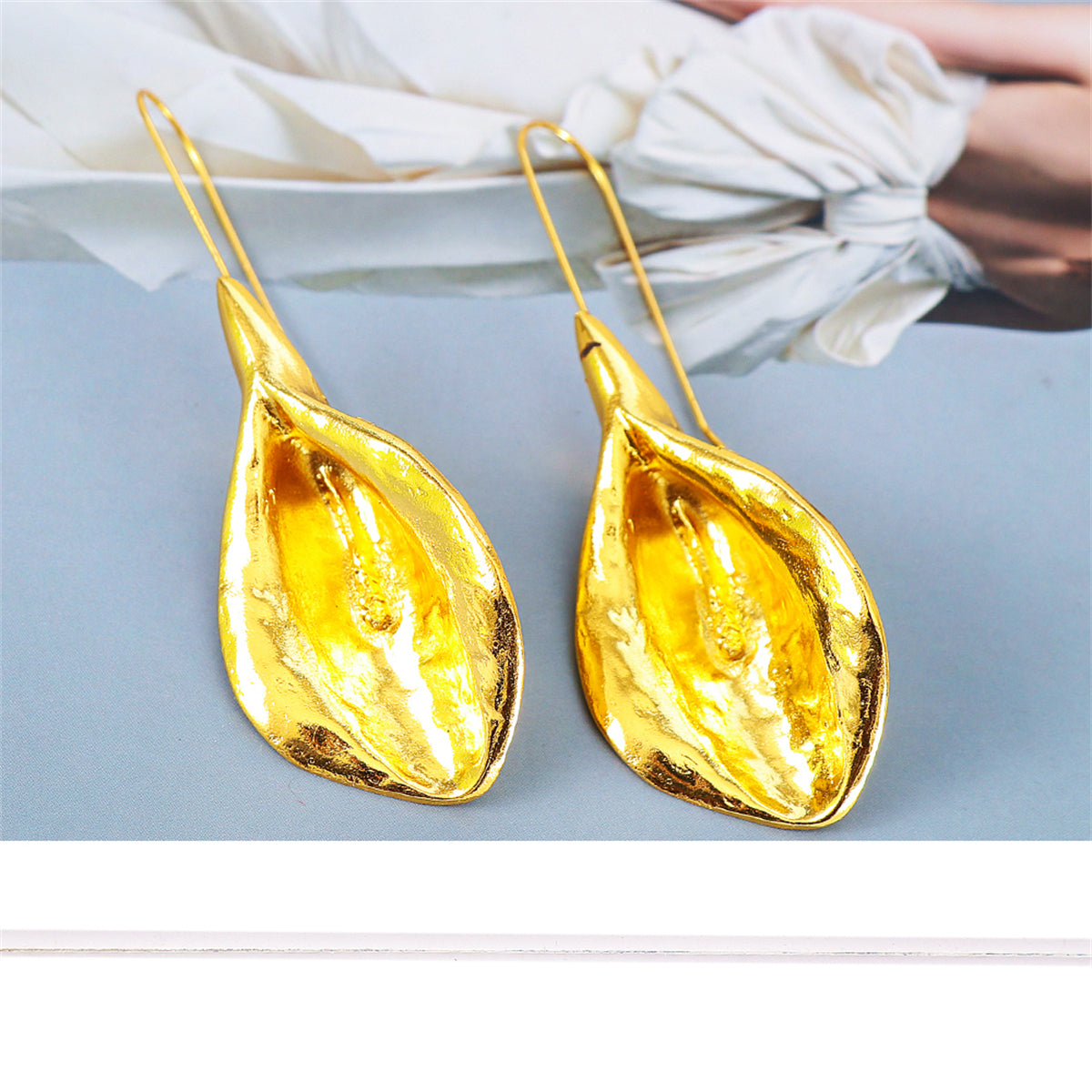 18K Gold-Plated Leaf Drop Earrings, gold drop earrings for women, vintage-inspired design, styled look