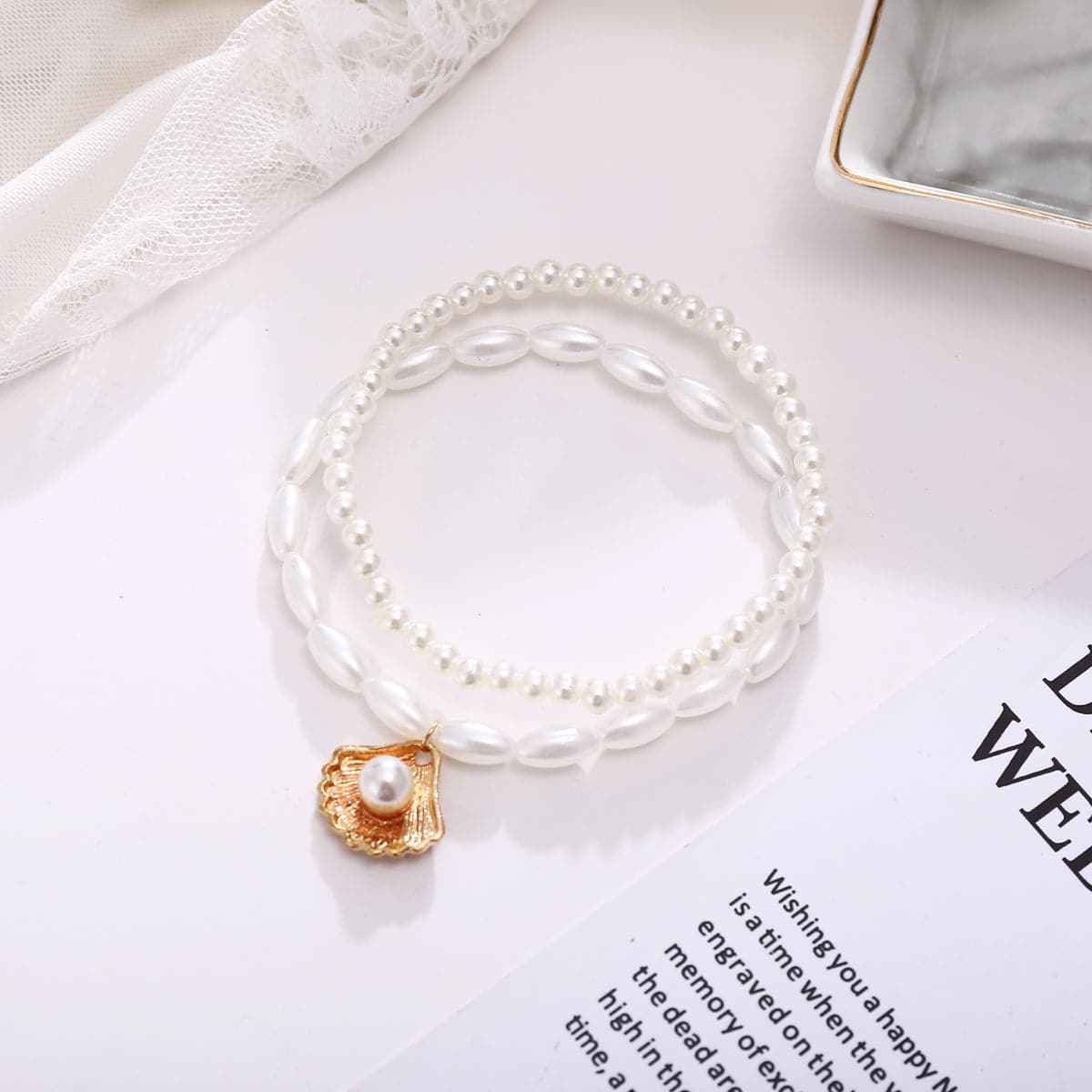 Pearl & 18K Gold-Plated Shell Charm Stretch Anklet Set