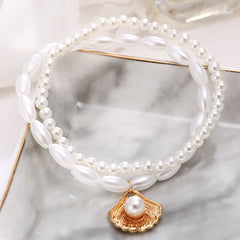 Pearl & 18K Gold-Plated Shell Charm Stretch Anklet Set