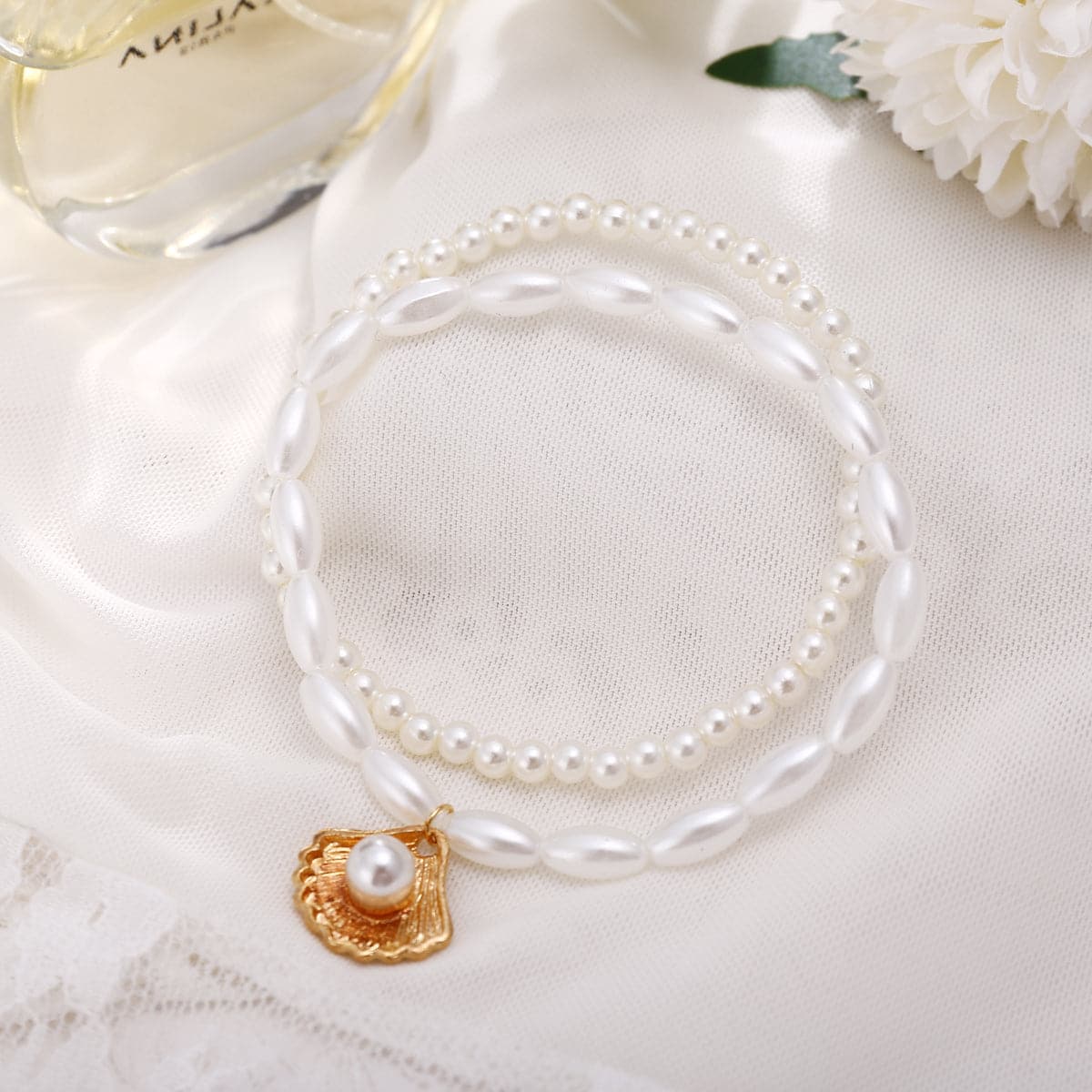 Pearl & 18K Gold-Plated Shell Charm Stretch Anklet Set