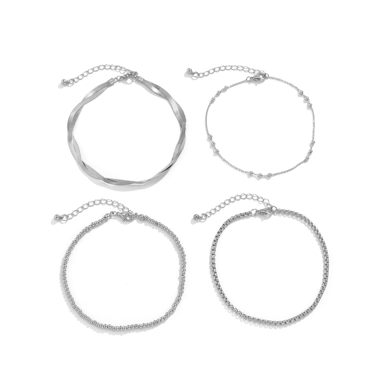 Silver-Plated Crossing Herringbone Chain Anklet Set