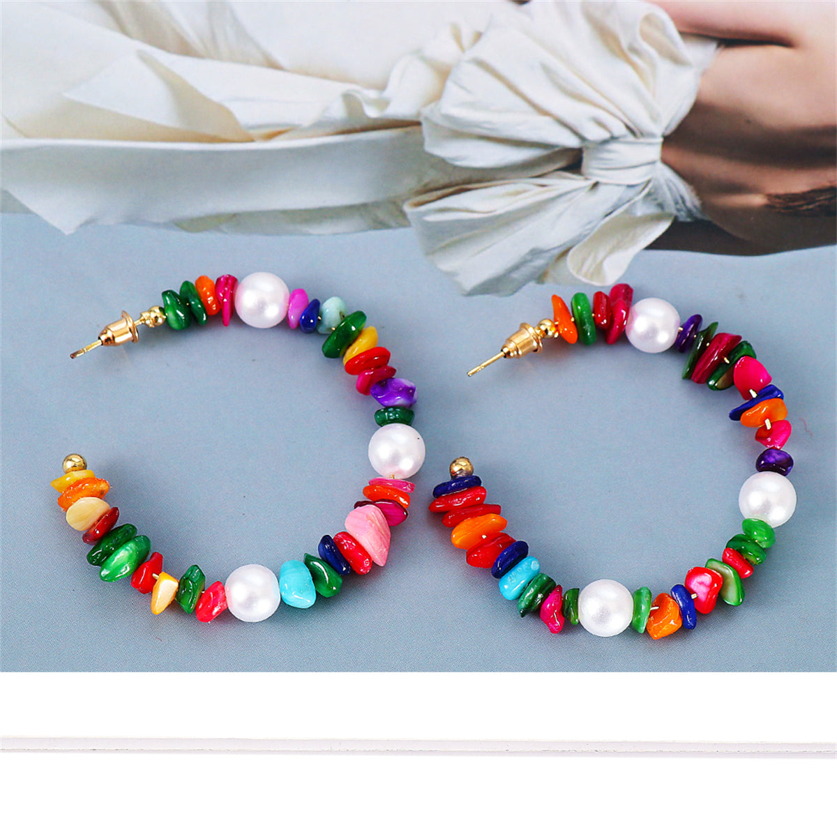 Red Resin and Pearl 18K Gold-Plated Beaded Hoop Earrings, dainty minimalist design, side view