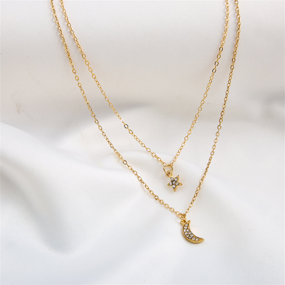 Cubic Zirconia and 18K Gold-Plated Star Moon Layered Necklace, gold pendant necklace for women, lifestyle look
