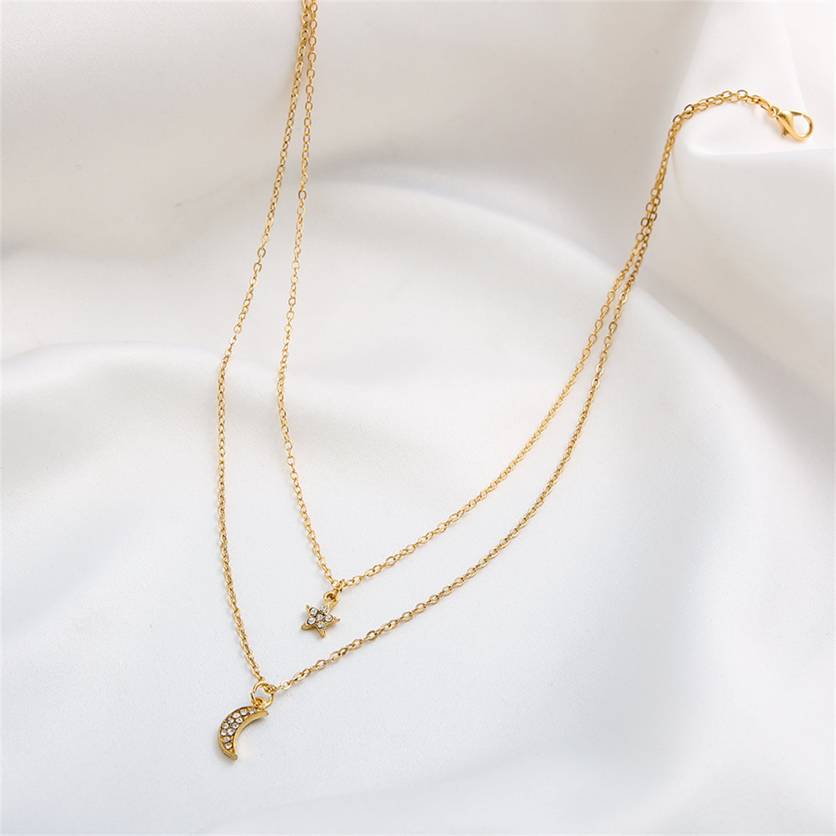 Cubic Zirconia and 18K Gold-Plated Star Moon Layered Necklace, gold pendant necklace for women, styled look