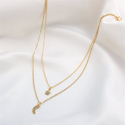 Cubic Zirconia and 18K Gold-Plated Star Moon Layered Necklace, gold pendant necklace for women, styled look