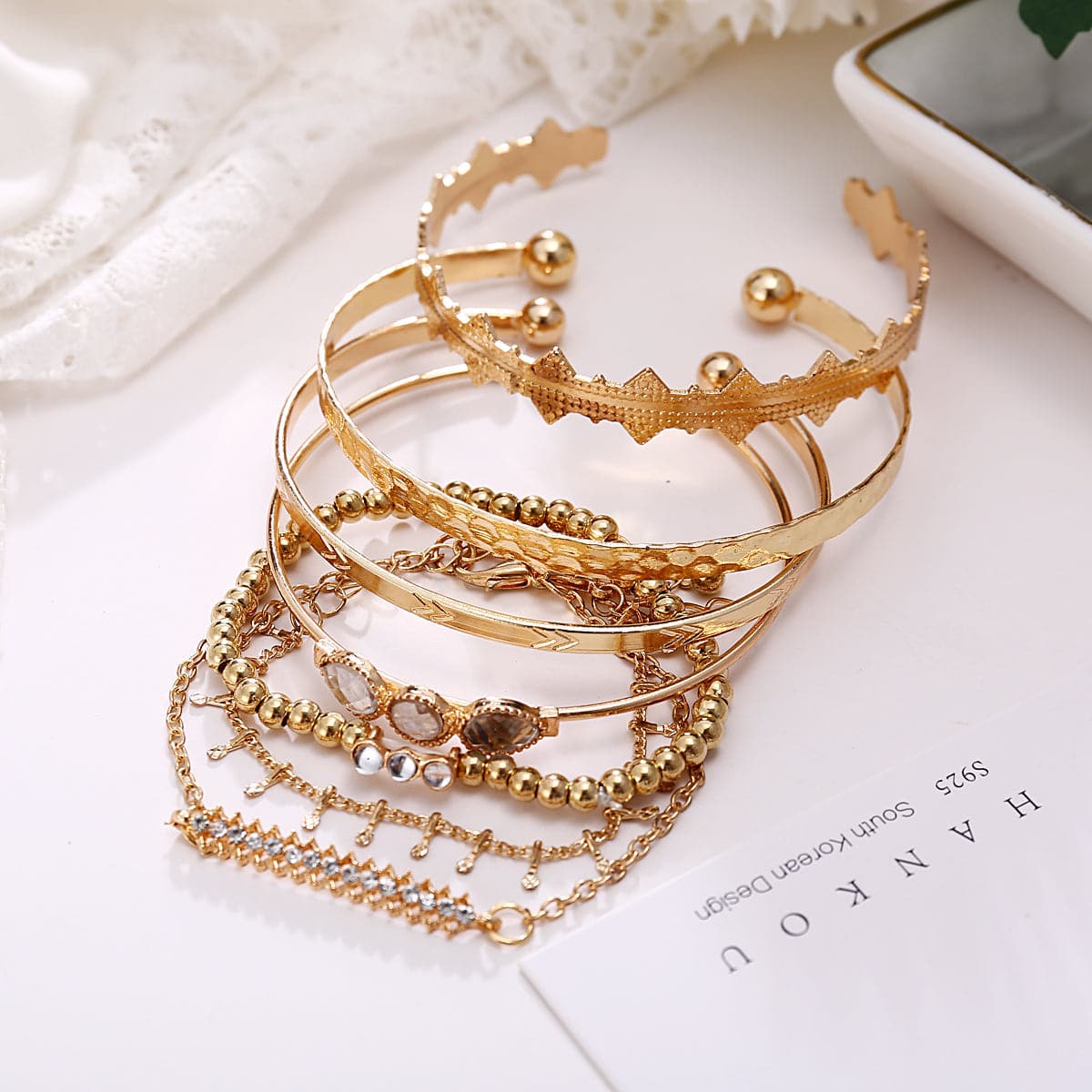 Cubic Zirconia & Crystal Textured Geometric Bracelet Set