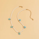 Blue Teal Howlite & Goldtone Mum Beaded Station Choker Necklace