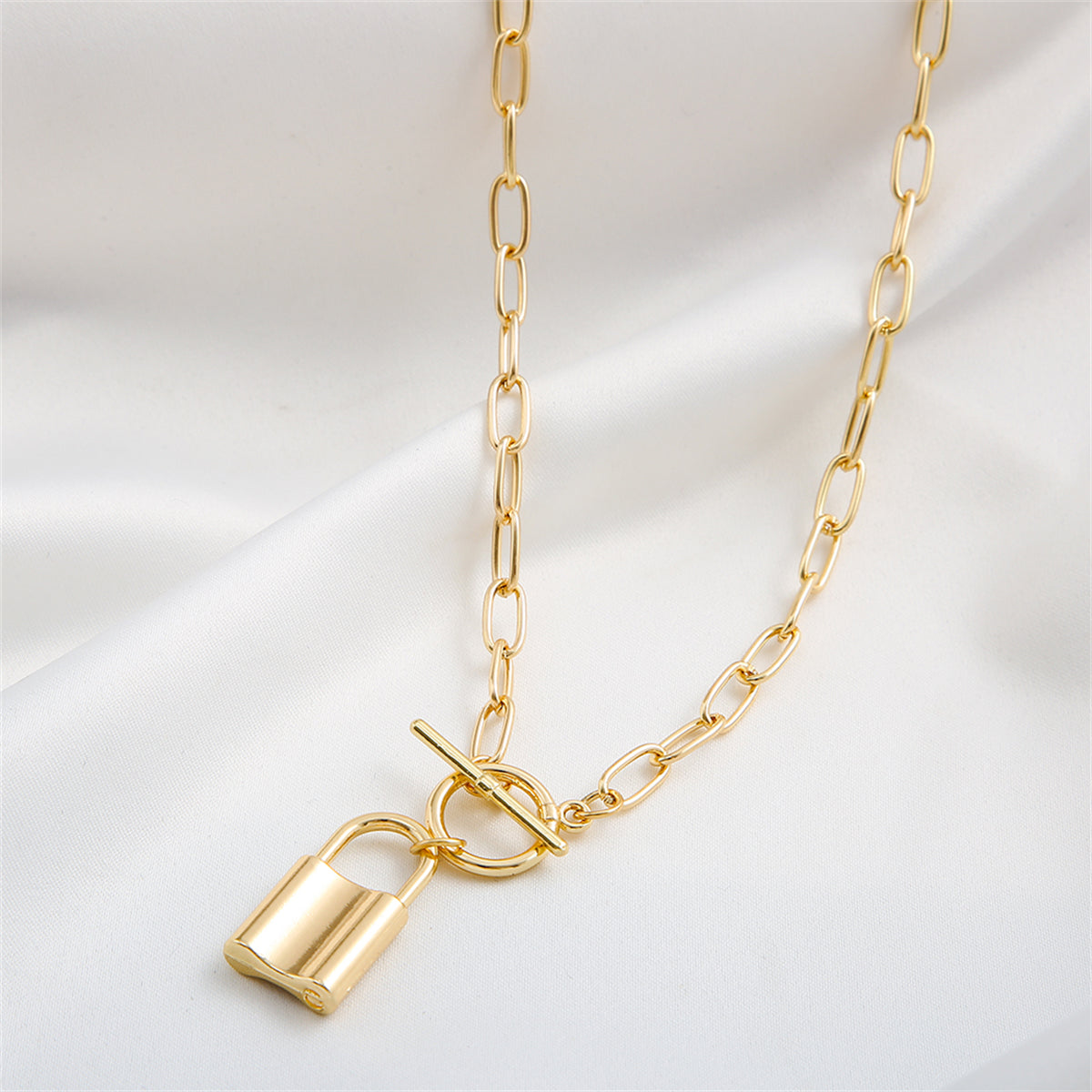 18K Gold-Plated Lock Toggle Pendant Necklace, gold pendant necklace for women, vintage-inspired design, side view