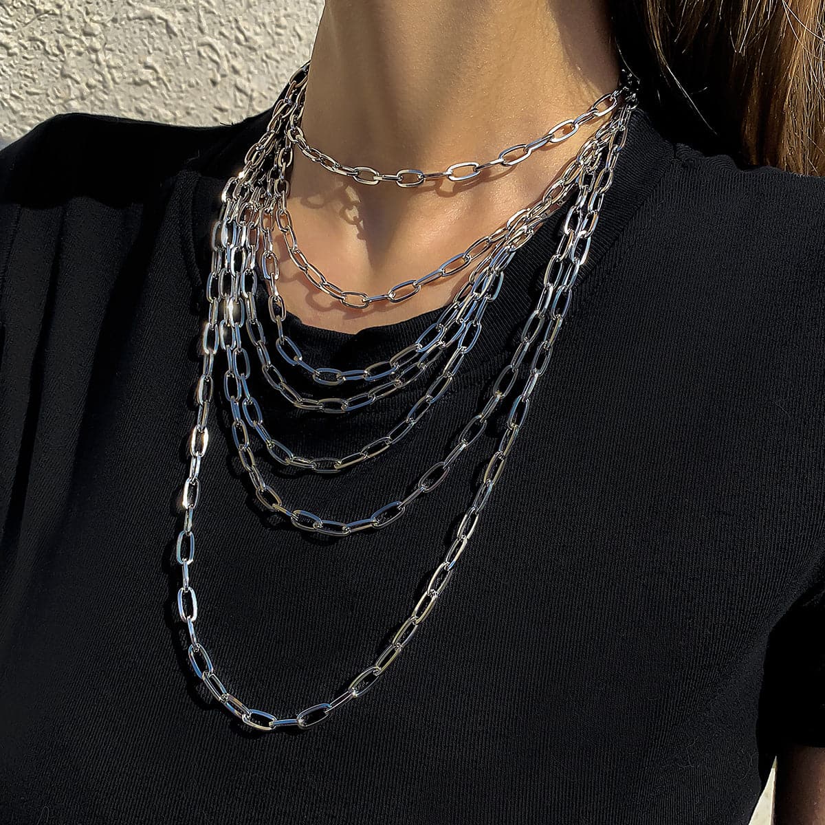 Silver-Plated Layered Cable Chain Necklace Set, jewelry gift sets for women, vintage-inspired design, side view