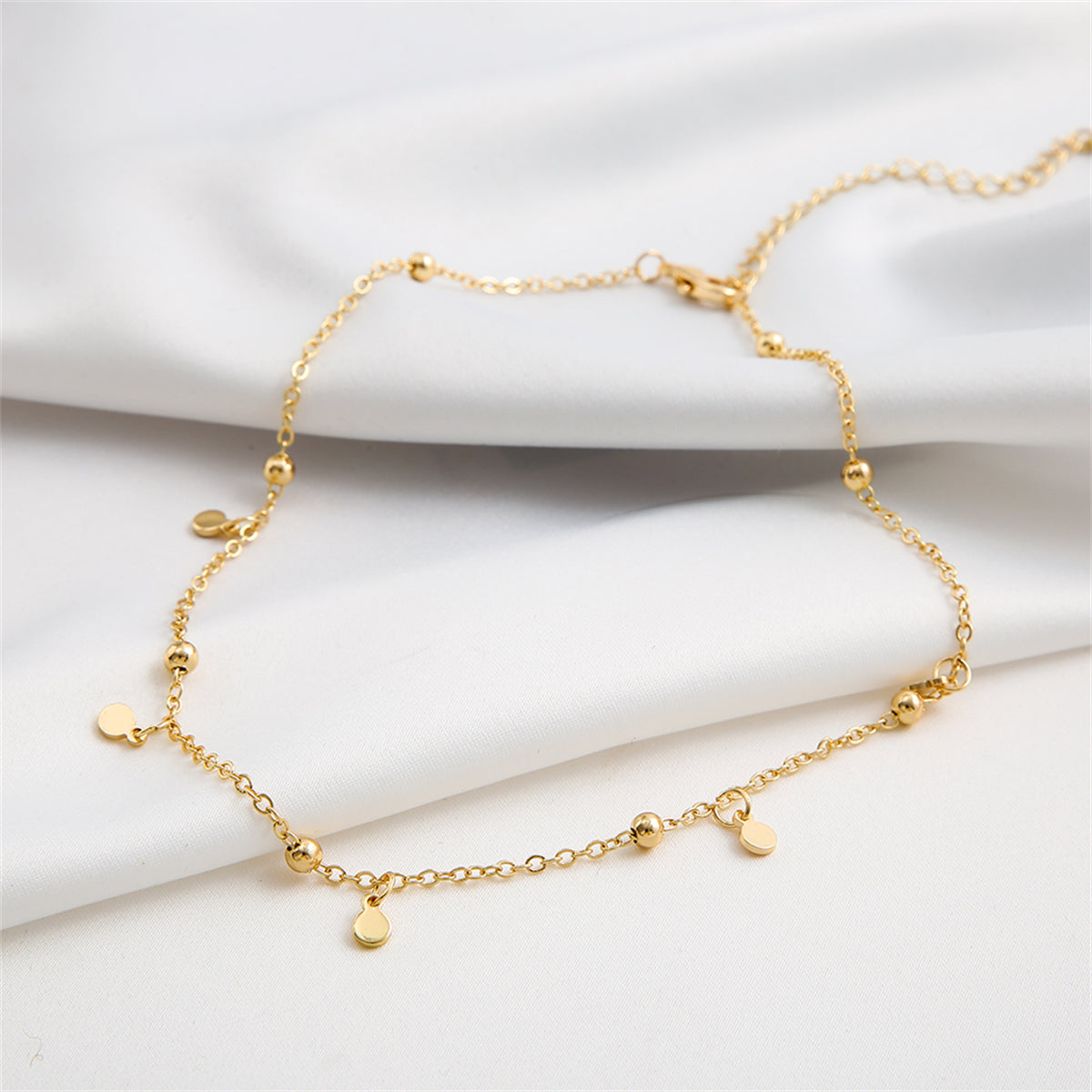 18K Gold-Plated Round Sequin Necklace, gold pendant necklace for women, botanical inspired, detail close-up
