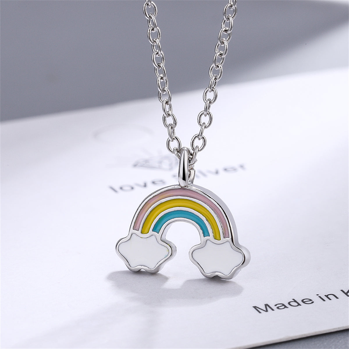 Enamel and Silver-Plated Rainbow Pendant Necklace, silver pendant necklace for women, dainty minimalist design, front view
