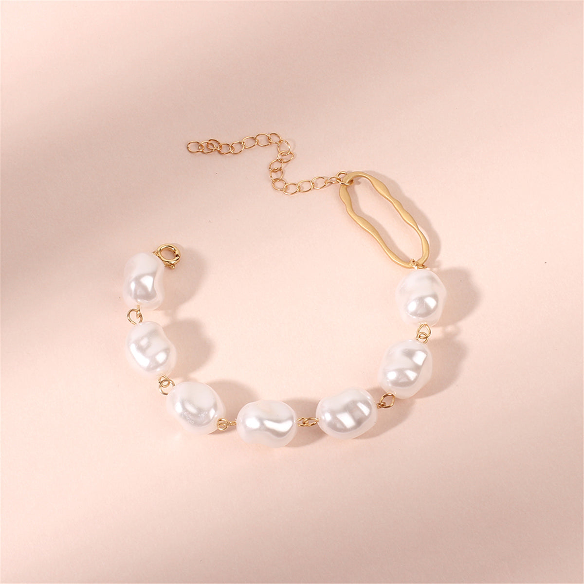 Pearl and 18K Gold-Plated Oval Station Bracelet, gold bracelet for women, elegant gift for her, lifestyle look
