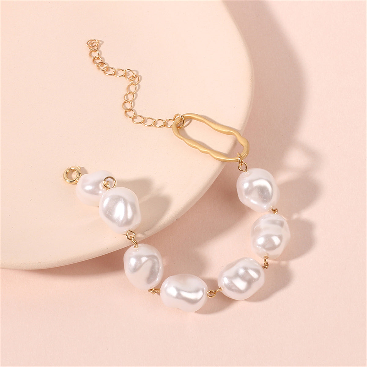 Pearl and 18K Gold-Plated Oval Station Bracelet, gold bracelet for women, elegant gift for her, front view