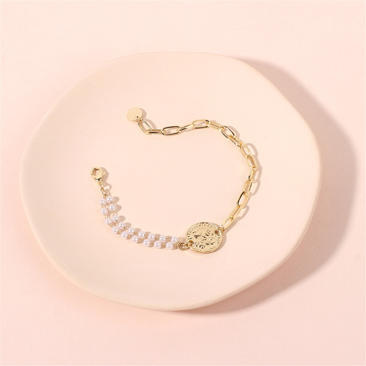 Pearl and 18K Gold-Plated Coin Adjustable Bracelet, gold bracelet for women, dainty minimalist design, detail close-up