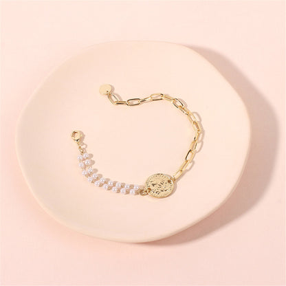 Pearl and 18K Gold-Plated Coin Adjustable Bracelet, gold bracelet for women, dainty minimalist design, detail close-up