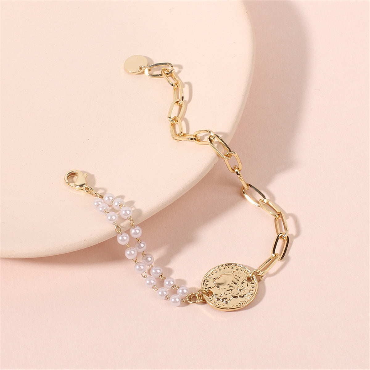 Pearl and 18K Gold-Plated Coin Adjustable Bracelet, gold bracelet for women, dainty minimalist design, front view