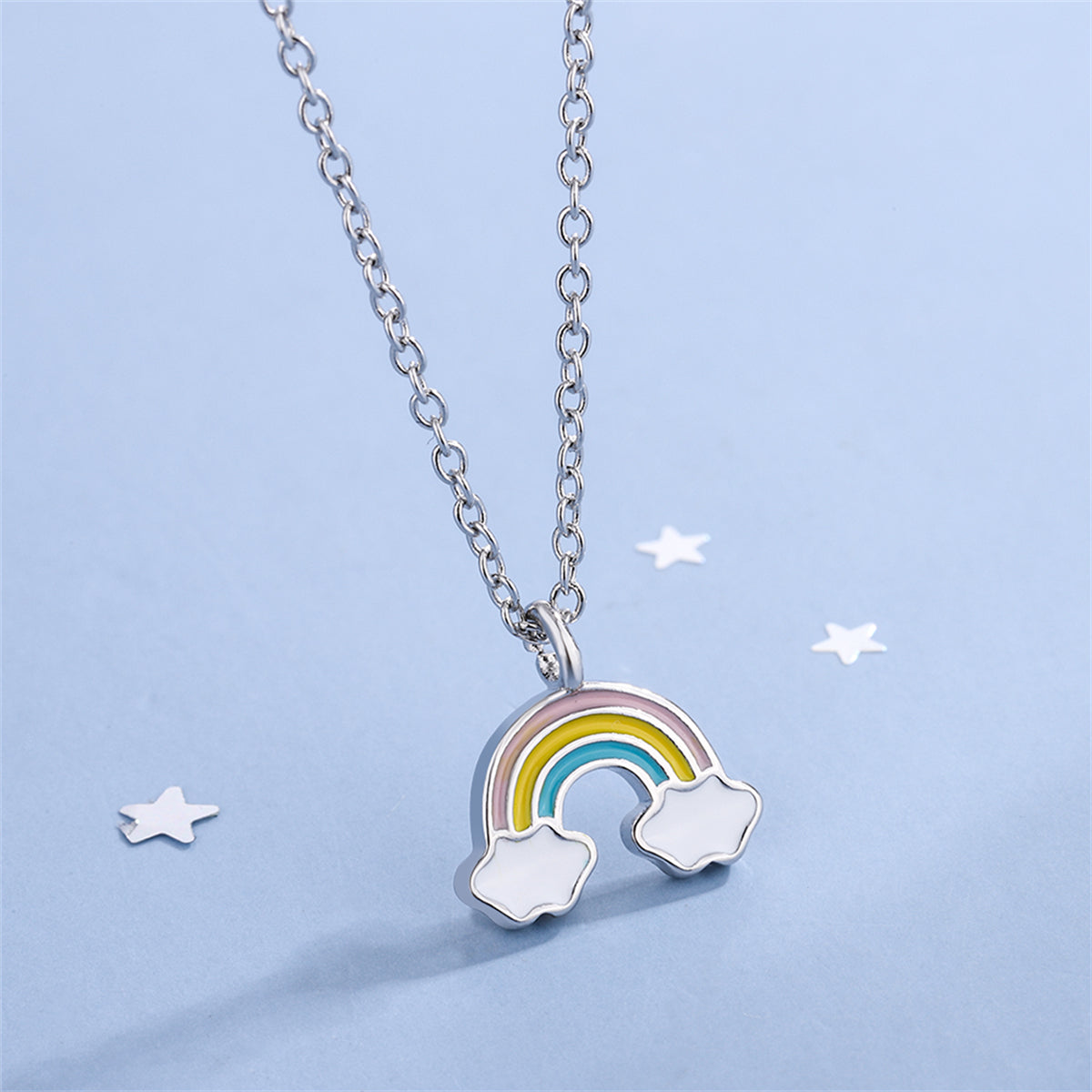 Enamel and Silver-Plated Rainbow Pendant Necklace, silver pendant necklace for women, dainty minimalist design, side view