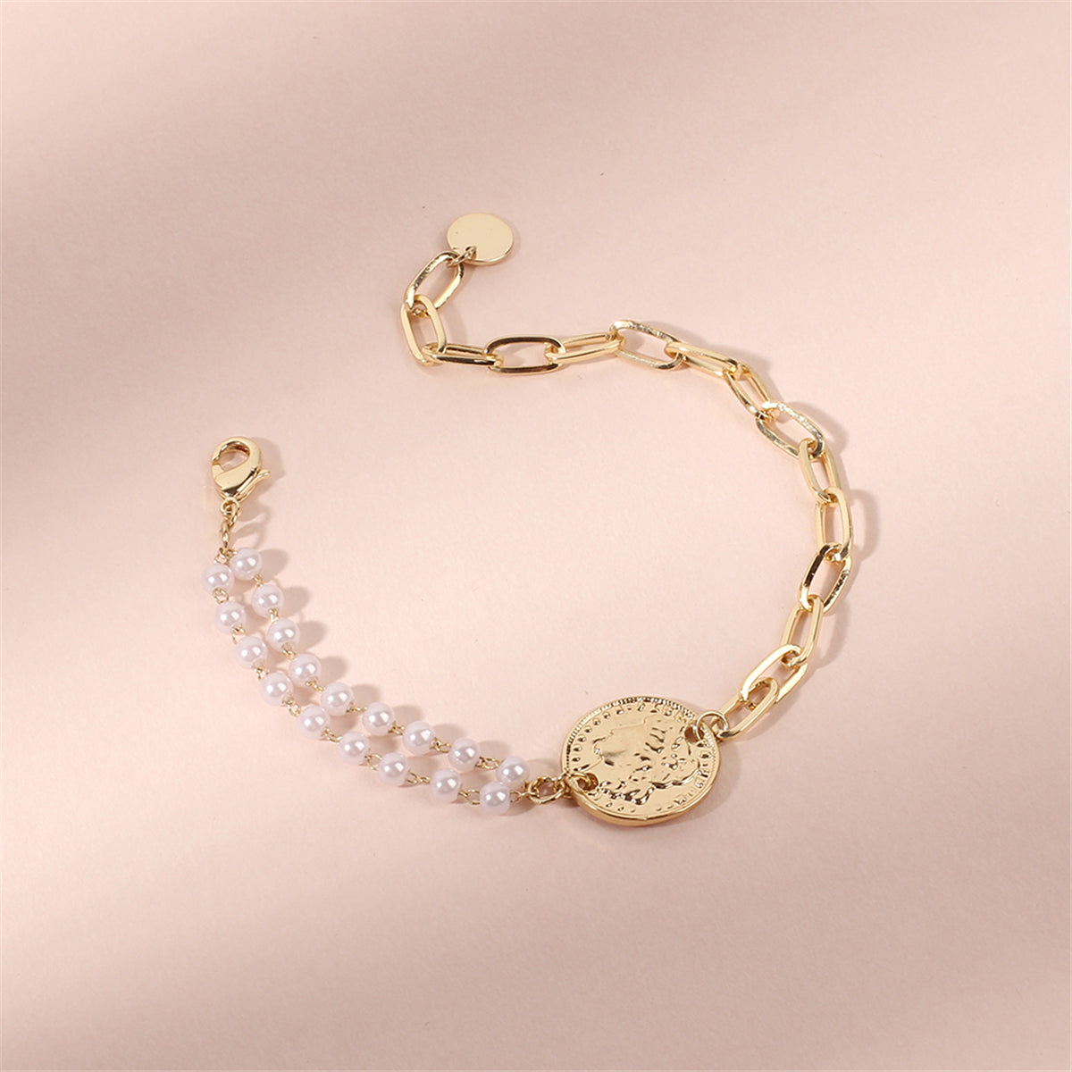 Pearl and 18K Gold-Plated Coin Adjustable Bracelet, gold bracelet for women, dainty minimalist design, lifestyle look