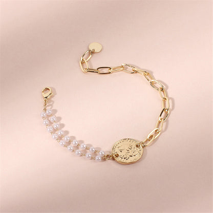 Pearl and 18K Gold-Plated Coin Adjustable Bracelet, gold bracelet for women, dainty minimalist design, lifestyle look