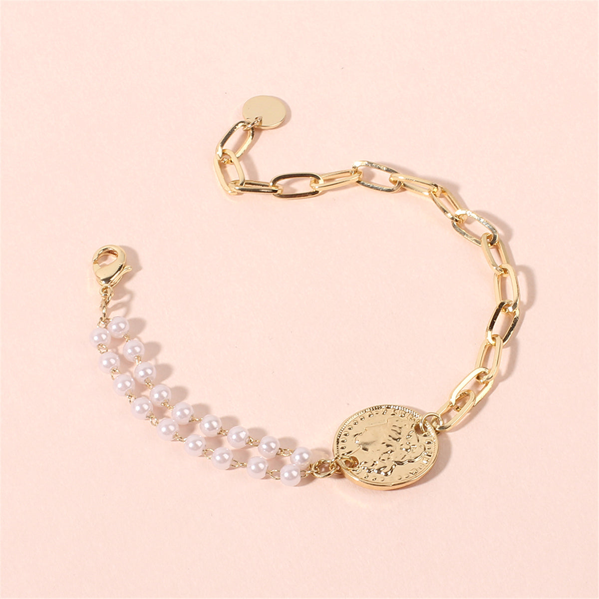 Pearl and 18K Gold-Plated Coin Adjustable Bracelet, gold bracelet for women, dainty minimalist design, styled look