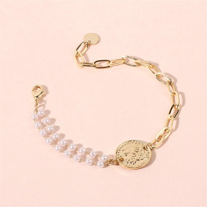 Pearl and 18K Gold-Plated Coin Adjustable Bracelet, gold bracelet for women, dainty minimalist design, styled look