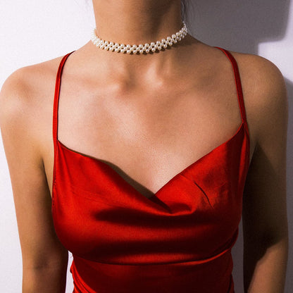 Pearl and Silver-Plated Layered Choker Necklace, chunky silver choker necklace, botanical inspired, detail close-up