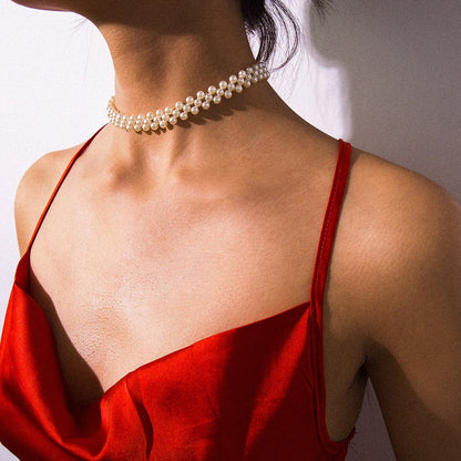 Pearl and Silver-Plated Layered Choker Necklace, chunky silver choker necklace, botanical inspired, side view