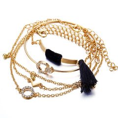 Black Cubic Zirconia & Polyster 18K Gold-Plated Tassel-Accent Bracelet Set